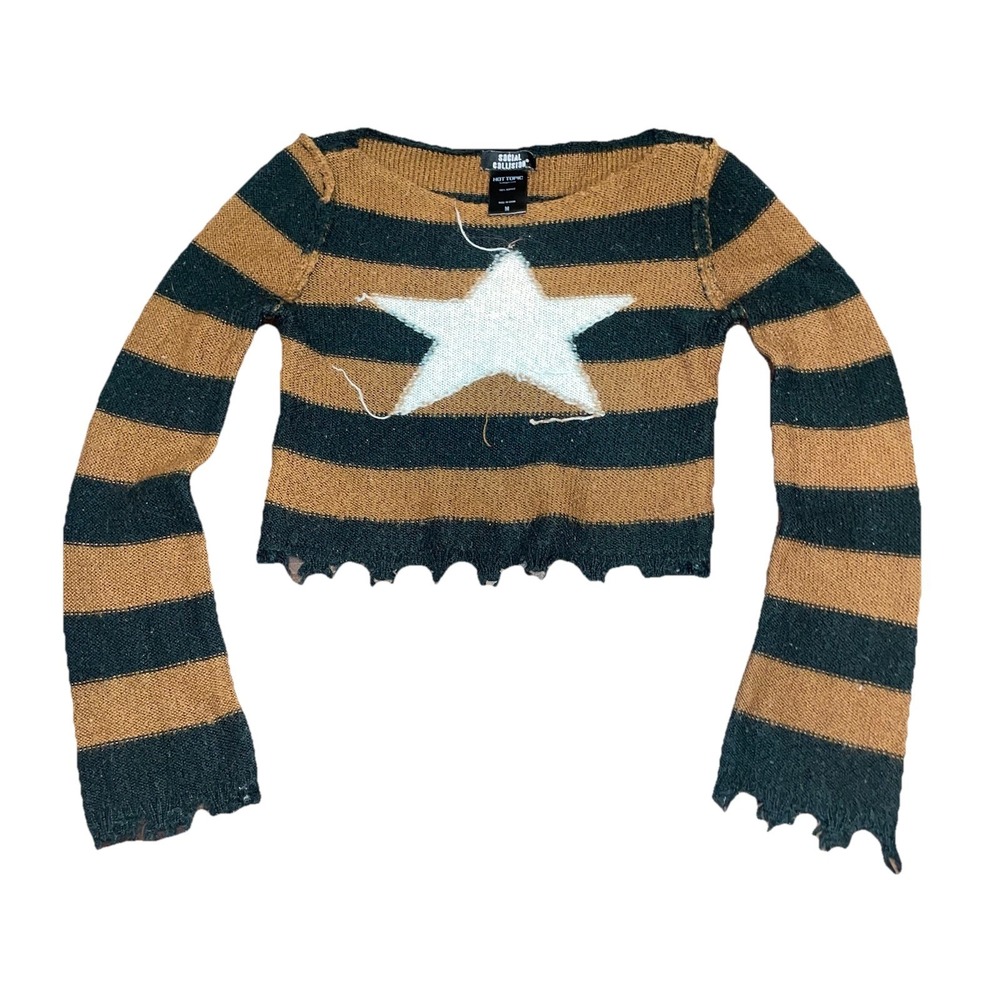 Hot Topic Social Collision Striped Star Cropped Sweater Brown Black White Medium